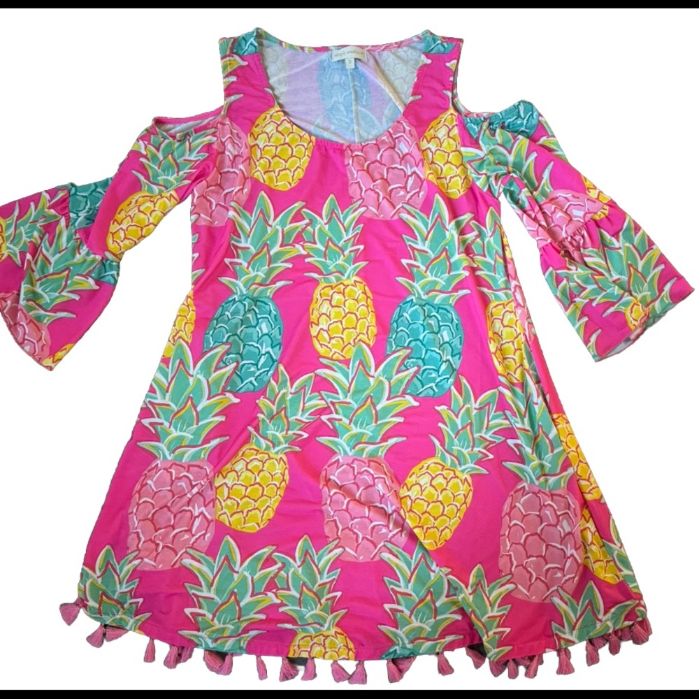 Simply‎ Southern Charleston Pink Pineapple Cold Shoulder Fringe Dress Size S